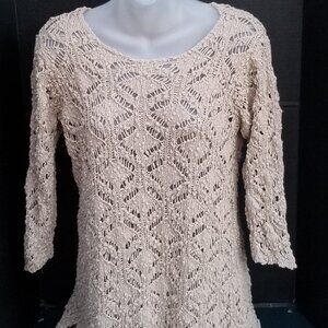J JILL Layering Top/Swim Open Weave Beige Stretch Knit with Side Points SMALL